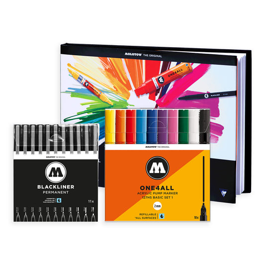 Molotow ONE4ALL 127HS 10set, Blackliner 11 Set & Molotow A4 Sketchbook